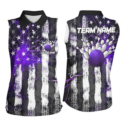 Custom Purple Patriotic Bowling Shirts For Women, Purple Lightning American Flag Female Shirt IPHW6492