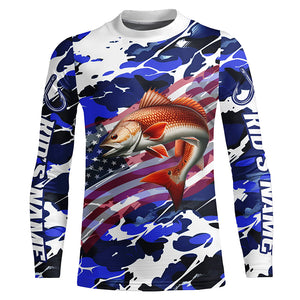 Redfish Fishing American Flag Blue Camo Custom Long Sleeve Shirts, Redfish Saltwater Fishing Shirts IPHW6508