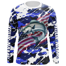 Load image into Gallery viewer, Striped Bass Fishing American Flag Camo Custom Long Sleeve Shirts, Striper Saltwater Fishing Shirts IPHW6509