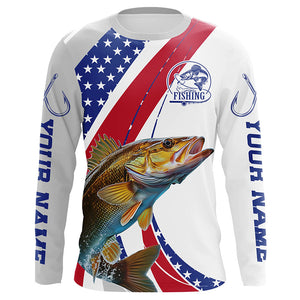 Custom Patriotic Walleye Long Sleeve Fishing Shirts, Personalized Walleye Fishing Jersey IPHW6847