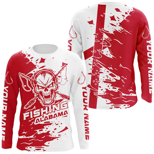 Alabama Fishing Custom Long Sleeve Fishing Shirts, Alabama Flag Skull Fishing Jerseys IPHW7002