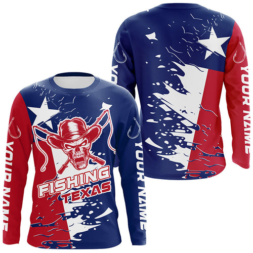 Texas Fishing Custom Long Sleeve Fishing Shirts, Cowboy Skull Texas Flag Fishing Jerseys IPHW7003