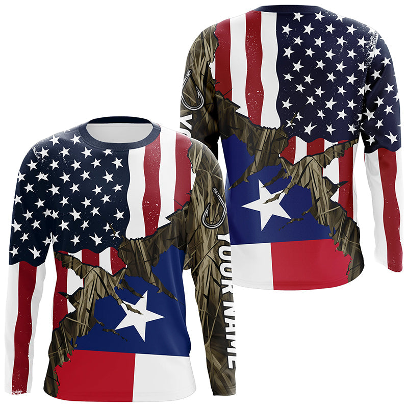 American Texas Flag Custom Long Sleeve Fishing Shirts, Patriotic Camouflage Fishing Shirts IPHW7005