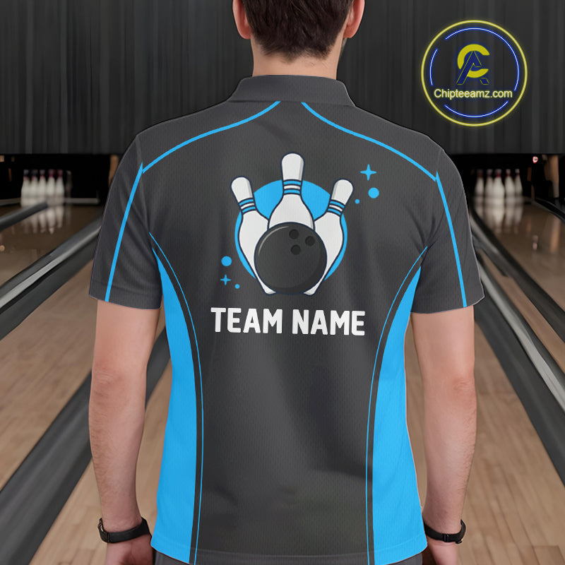 Custom Black And Ball Blue Classic Bowling Team Polo Shirt For Men, Bowling League Shirt IPHW9911