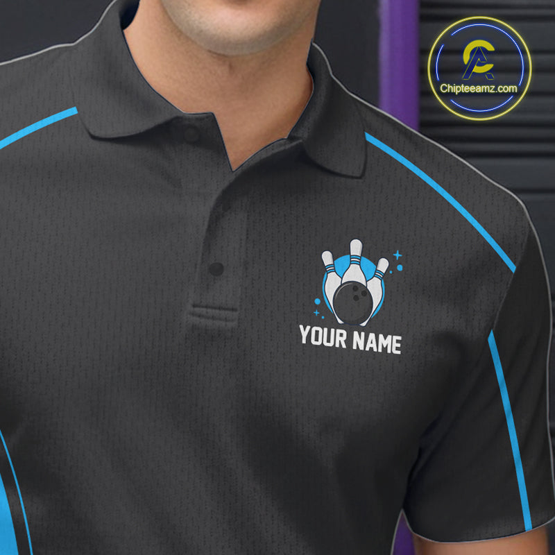 Custom Black And Ball Blue Classic Bowling Team Polo Shirt For Men, Bowling League Shirt IPHW9911