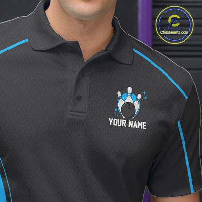 Custom Black And Ball Blue Classic Bowling Team Polo Shirt For Men, Bowling League Shirt IPHW9911