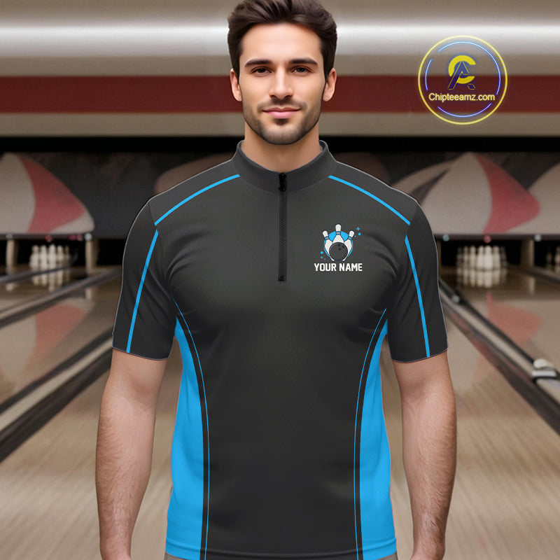 Custom Black And Ball Blue Classic Bowling Team Quarter-Zip Shirt For Men, Bowling League Shirt IPHW9911
