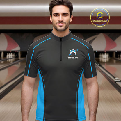 Custom Black And Ball Blue Classic Bowling Team Quarter-Zip Shirt For Men, Bowling League Shirt IPHW9911