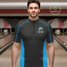 Load image into Gallery viewer, Custom Black And Ball Blue Classic Bowling Team Quarter-Zip Shirt For Men, Bowling League Shirt IPHW9911
