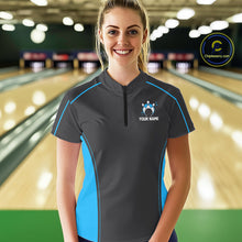 Load image into Gallery viewer, Custom Black And Ball Blue Classic Bowling Women Quarter-Zip Shirt, Bowling League Shirt IPHW9911