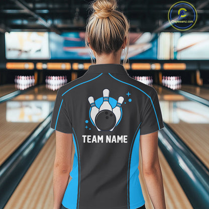 Custom Black And Ball Blue Classic Bowling Women Quarter-Zip Shirt, Bowling League Shirt IPHW9911
