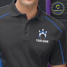 Load image into Gallery viewer, Custom Black And Mid Blue Classic Bowling Team Polo Shirt For Men, Bowling League Shirt IPHW9912