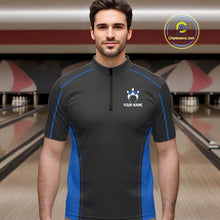 Load image into Gallery viewer, Custom Black And Mid Blue Classic Bowling Team Quarter-Zip Shirt For Men, Bowling League Shirt IPHW9912