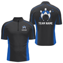 Load image into Gallery viewer, Custom Black And Mid Blue Classic Bowling Team Quarter-Zip Shirt For Men, Bowling League Shirt IPHW9912