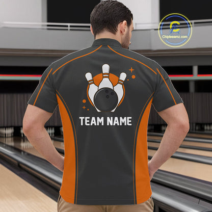 Custom Black And Orange Classic Bowling Team Quarter-Zip Shirt For Men, Bowling League Shirt IPHW9913