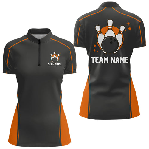 Custom Black And Orange Classic Bowling Women Quarter-Zip Shirt, Bowling League Shirt IPHW9913