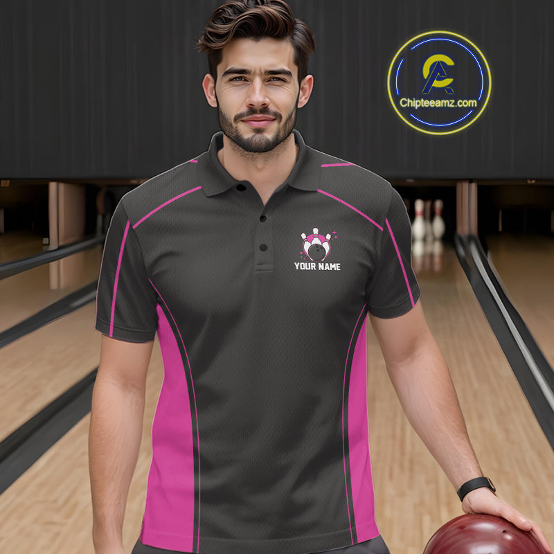 Custom Black And Pink Classic Bowling Team Polo Shirt For Men, Bowling League Shirt IPHW9915