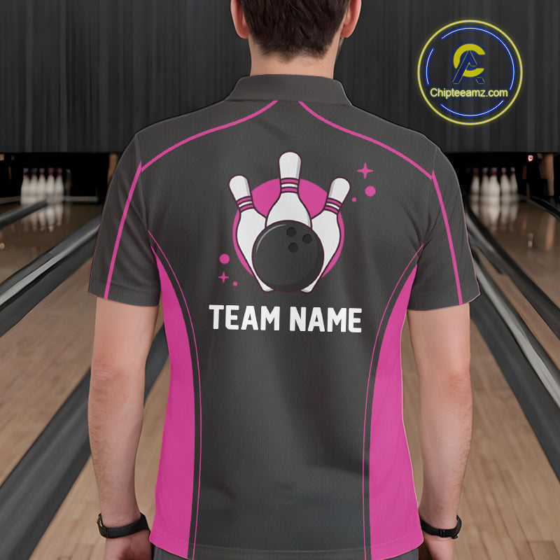Custom Black And Pink Classic Bowling Team Polo Shirt For Men, Bowling League Shirt IPHW9915