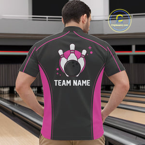 Custom Black And Pink Classic Bowling Team Quarter-Zip Shirt For Men, Bowling League Shirt IPHW9915
