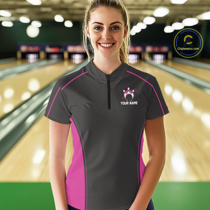 Custom Black And Pink Classic Bowling Team Women Quarter-Zip Shirt, Bowling League Shirt IPHW9915