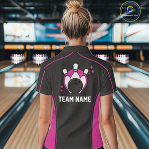 Custom Black And Pink Classic Bowling Team Women Quarter-Zip Shirt, Bowling League Shirt IPHW9915