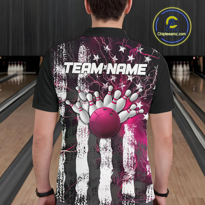 Pink Lightning US Flag Custom Bowling Team Jerseys, Patriotic Bowling Polo Shirt For Men IPHW9916