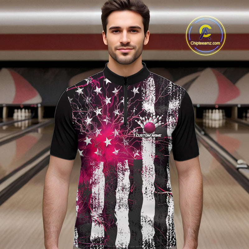 Pink Lightning US Flag Custom Bowling Team Jerseys, Patriotic Bowling Quarter-Zip Shirt For Men IPHW9916