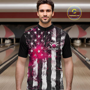 Pink Lightning US Flag Custom Bowling Team Jerseys, Patriotic Bowling Quarter-Zip Shirt For Men IPHW9916