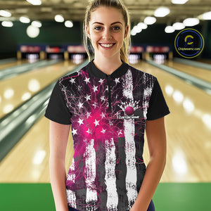 Pink Lightning US Flag Custom Bowling Jerseys, Patriotic Bowling Women Quarter-Zip Shirt IPHW9916