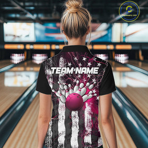 Pink Lightning US Flag Custom Bowling Jerseys, Patriotic Bowling Women Quarter-Zip Shirt IPHW9916