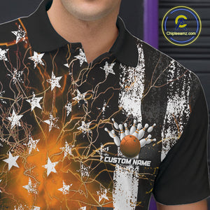 Orange Lightning US Flag Custom Bowling Team Jerseys, Patriotic Bowling Polo Shirt For Men IPHW9917