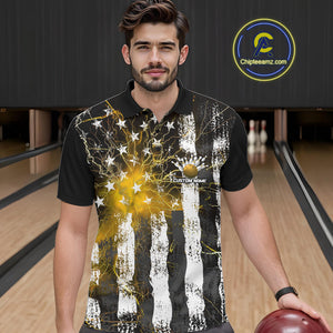 Yellow Lightning US Flag Custom Bowling Team Jerseys, Patriotic Bowling Polo Shirt For Men IPHW9918