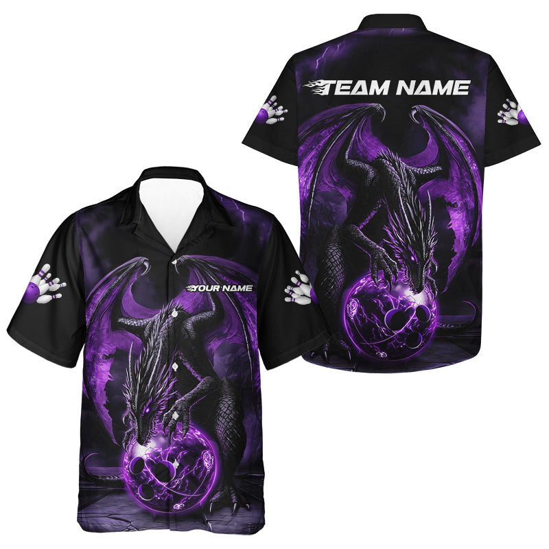 Black And Purple Custom Bowling Team Men Hawaiian Shirts, Dragon Bowling Uniform Bowler Outfits IPHW7990