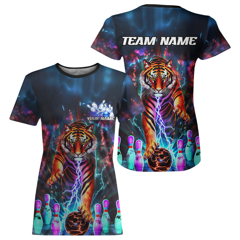 Custom Colorful Thunder Lightning Tiger Bowling Team Women T-Shirts, Bowling League IPHW7996