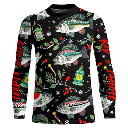 Custom Christmas Largemouth Bass Long Sleeve Fishing Shirts, Cozy Xmas Fishing Gifts IPHW8005
