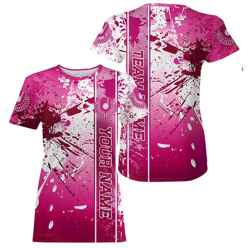 Pink And White Splatter Custom Pickleball T-Shirts For Women, Pickleball Team Uniform IPHW8204