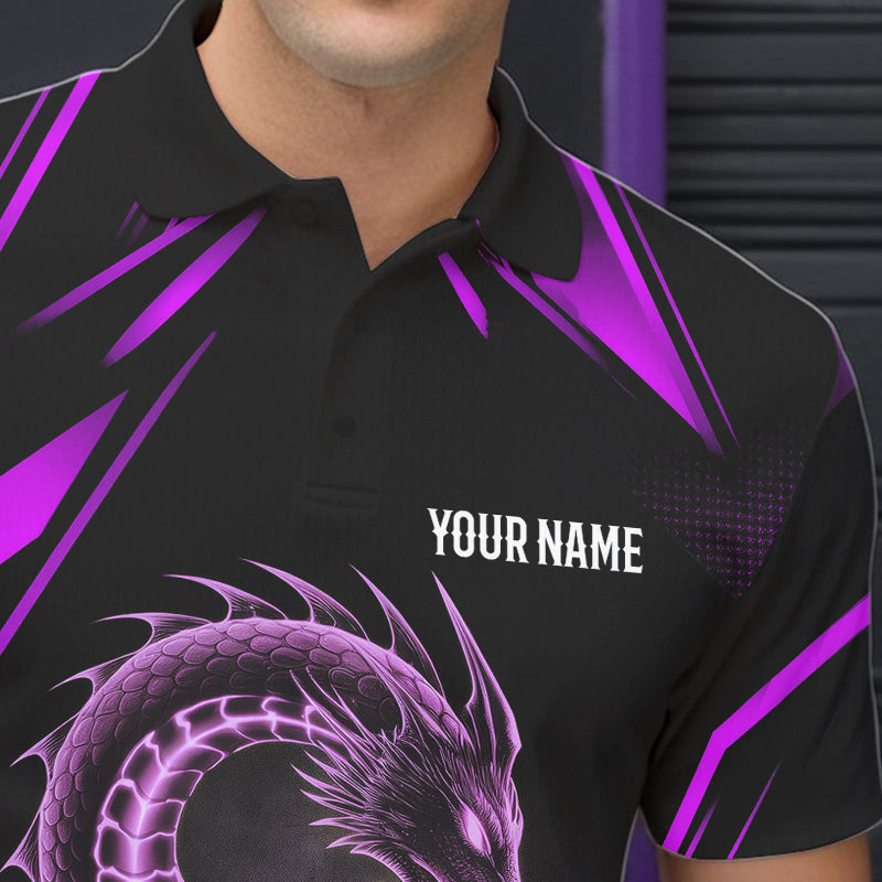 Custom Black And Purple Dragon Bowling Polo Shirts For Men, Dragon Bowling League Shirt IPHW8673