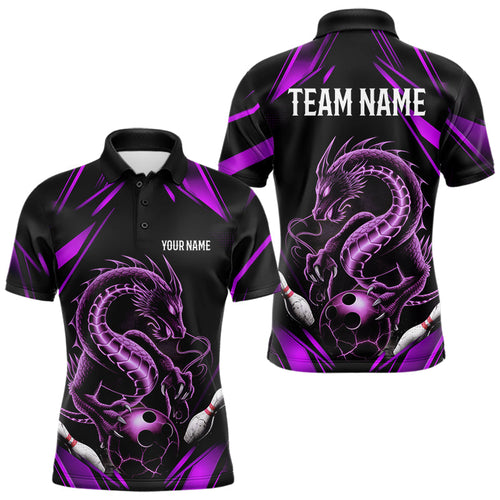 Custom Black And Purple Dragon Bowling Polo Shirts For Men, Dragon Bowling League Shirt IPHW8673