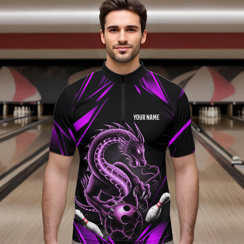 Custom Black And Purple Dragon Bowling Quarter-Zip Shirts For Men, Dragon Bowling League Shirt IPHW8673