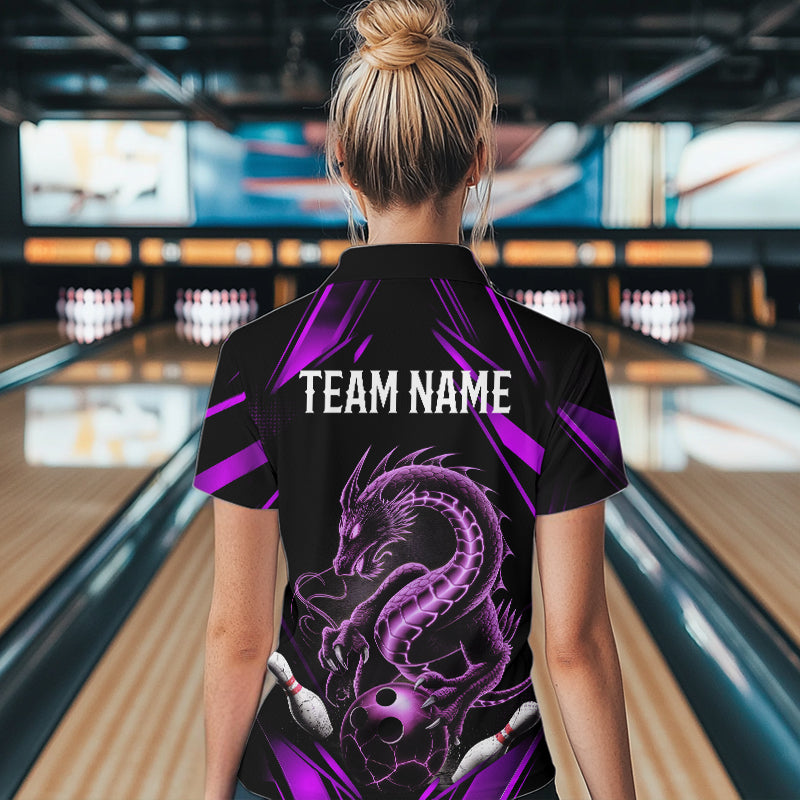 Custom Black And Purple Dragon Women Bowling Quarter-Zip Shirt, Dragon Bowling League Shirt IPHW8673