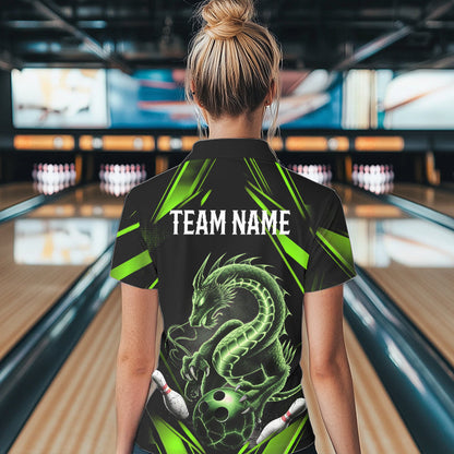 Custom Black And Green Dragon Bowling Polo Shirts For Women, Dragon Bowling League Shirt IPHW8674
