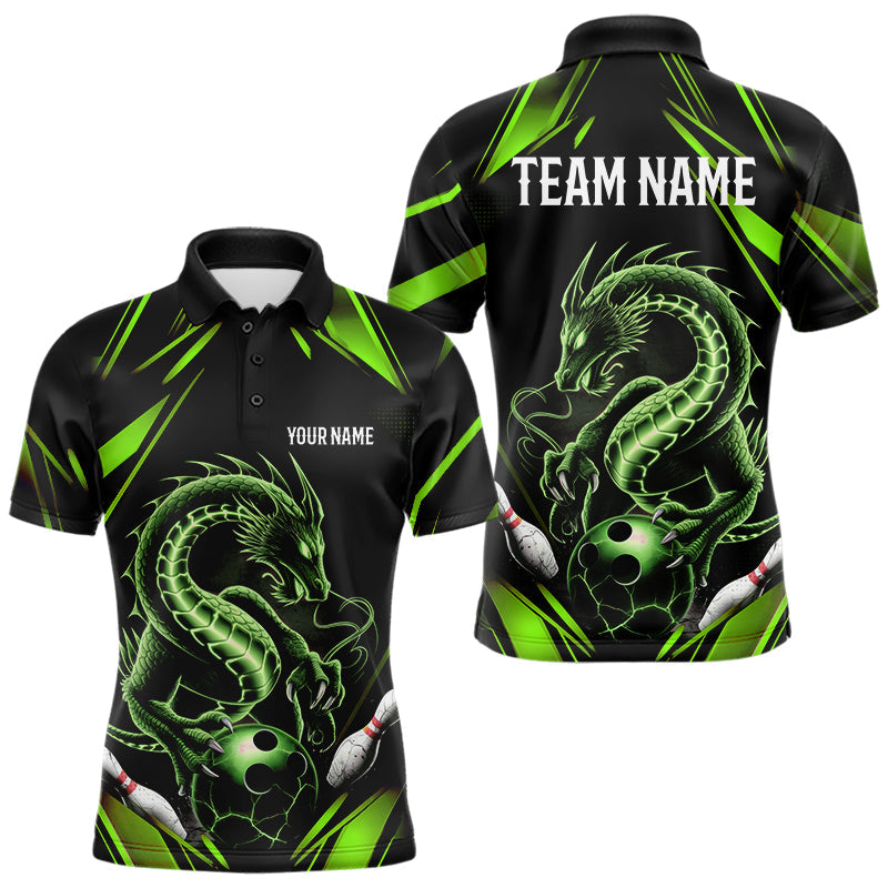 Custom Black And Green Dragon Bowling Polo Shirts For Men, Dragon Bowling League Shirt IPHW8674