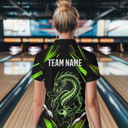 Custom Black And Green Dragon Womens Bowling Quarter-Zip Shirt, Dragon Bowling League Shirt IPHW8674