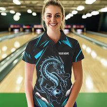 Load image into Gallery viewer, Custom Black And Blue Dragon Bowling Polo Shirts For Women, Dragon Bowling League Shirt IPHW8675