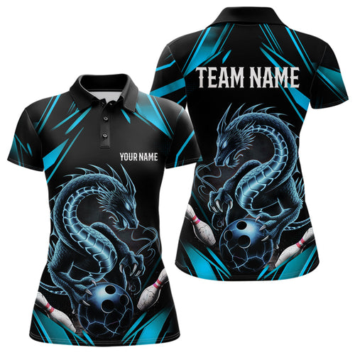 Custom Black And Blue Dragon Bowling Polo Shirts For Women, Dragon Bowling League Shirt IPHW8675