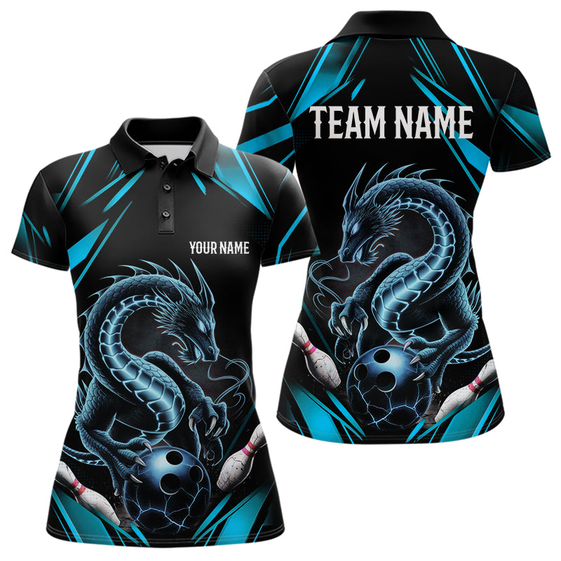 Custom Black And Blue Dragon Bowling Polo Shirts For Women, Dragon Bowling League Shirt IPHW8675