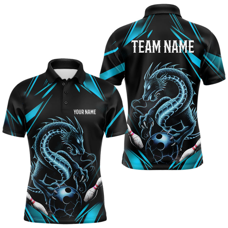 Custom Black And Blue Dragon Bowling Polo Shirts For Men, Dragon Bowling League Shirt IPHW8675