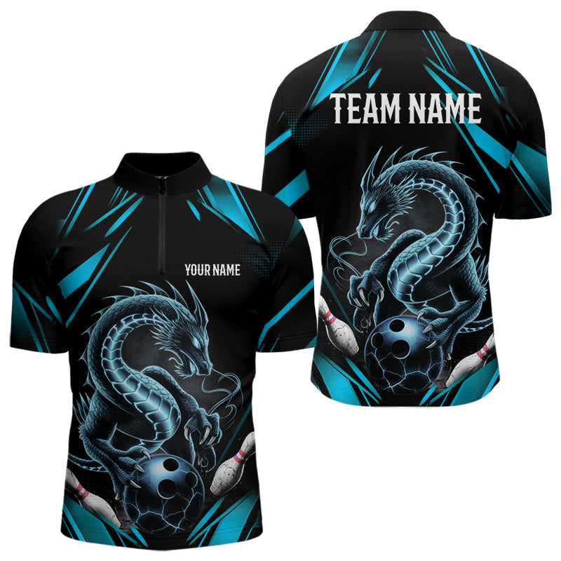 Custom Black And Blue Dragon Bowling Quarter-Zip Shirts For Men, Dragon Bowling League Shirt IPHW8675