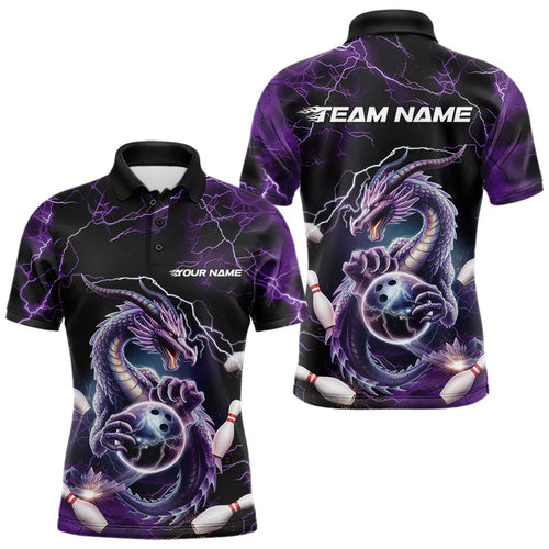 Custom Black And Purple Thunder Lightning Dragon Bowling Team Polo Shirts For Men IPHW8678