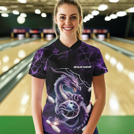 Custom Black And Purple Thunder Lightning Dragon Bowling Team Quarter-Zip Shirts For Women IPHW8678